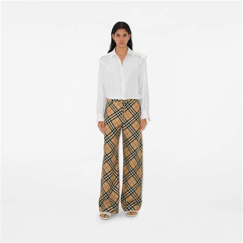 Check Silk Pyjama Trousers in Sand 